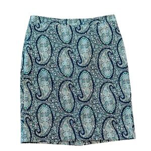 J. Crew Navy and Teal Paisley Pencil‎ Skirt  w/ Lining BOHO Career Size 8